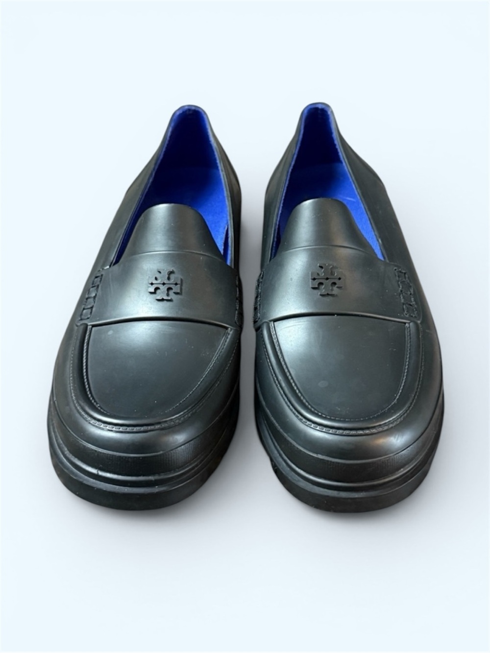 TORY BURCH Black Waterproof Rain Loafers with Vibrant Blue Lining Size 8 Women